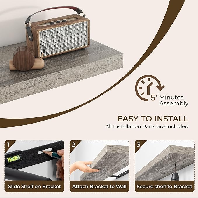 RICHFOCUS 36Inch Floating Shelves for Wall 2 Pack Shelves for Bedroom|Kitchen|Bathroom Wall Mounted Rustic Wood Floating Shelf with Invisible Brackets for Books|Storage|Decor, Grey