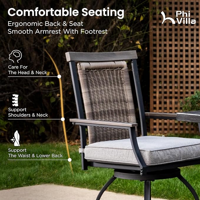 PHI VILLA 3 PCS Patio Bar Set, Bar Height Chair with 3.5" Thicker Cushion & Retro-Metal Square Table,Sturdy and Durable,Outdoor Height Bar Dining Set for Poolside,Yard