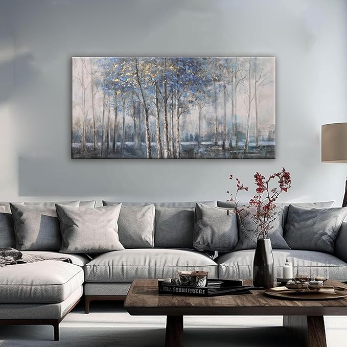 Canvas Wall Art Decor Modern Wall Art Decor Prints Gold Wall Art Pictures Wall Decor Blue Grey Misty Botanical Textured Artwork for Walls For Room Living Room Bedroom Office Wall Decor 20"X40"