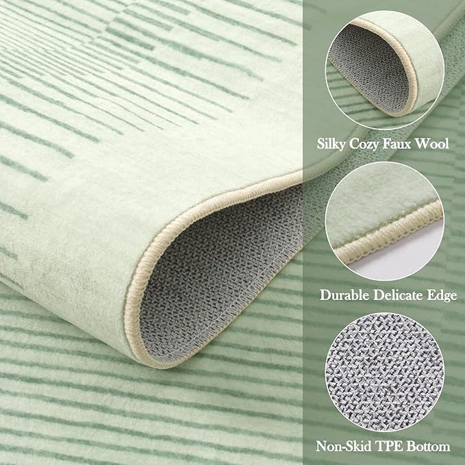 Wonnitar Washable Striped 8x10 Rugs for Living Room, Non-Slip Soft Sage Green Bedroom Rug, Low Pile Minimalist Floor Carpet for Nursery Playroom Dining Room Department (Green, 8' x 10')