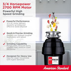 American Standard 10-US-AS-7 Garbage Disposal Anti-Jam Stainless Steel Food Waste Grinding System, Heavy Duty, 3/4 HP, Black