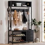 Lulive Hall Tree with Bench and Shoe Storage, 31.5" Coat Rack Freestanding with 2-Tier Storage Shelf, 6-in-1 Entryway Bench Coat Rack with 12 Hooks and 3 Drawers(Black)