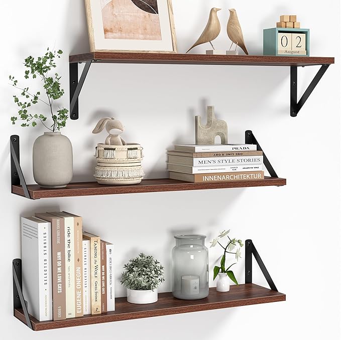 Heimlove Floating Shelves for Wall, 24 Inch Long Wood Floating Shelves Set of 3, Wall Mounted Hanging Shelf for Bathroom Bedroom Kitchen, Walnut