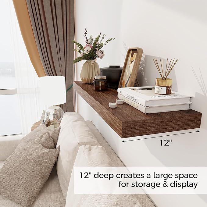 Floating Shelves 36 Inch Long, 12 Inch Deep Floating Shelves for Wall, 36 x 12 Shelves for Wall Storage & Display, 2" Thick Floating Shelf for Bathroom, Living Room, Bedroom, Walnut Color, Set of 1