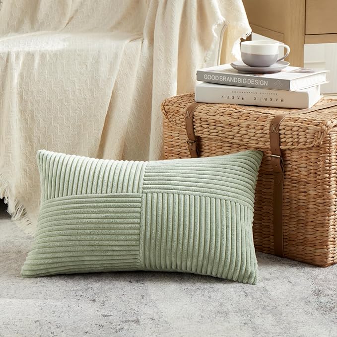 Fancy Homi 2 Packs Sage Green Lumbar Decorative Throw Pillow Covers 20x28 Inch for Living Room Couch Bed, Rustic Farmhouse Boho Home Decor, Soft Striped Corduroy Rectangle Accent Cushion Case 50x70 cm