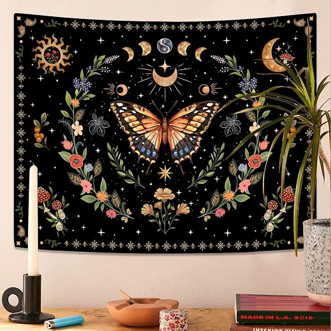 Lunerfex Boho Butterfly Tapestry Flower Moon Wall Tapestry, Moon Phases Tapestries for Bedroom Cute Tapestries Wall Hanging for Bedroom Living Room Decor Butterfly-1 60"x80"