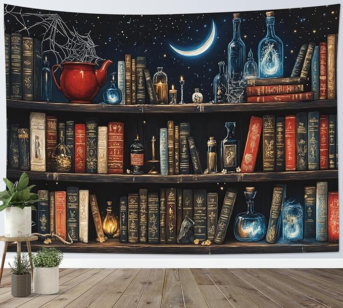 LB Fantasy Bookshelf Tapestry, Horror Spider and Vintage Book with Moon Wall Tapestry for Bedroom Aesthetic, Trippy Galaxy Wall Art for Living Room Dorm Home Decor Ready to Hanging, 80 x 60 Inches