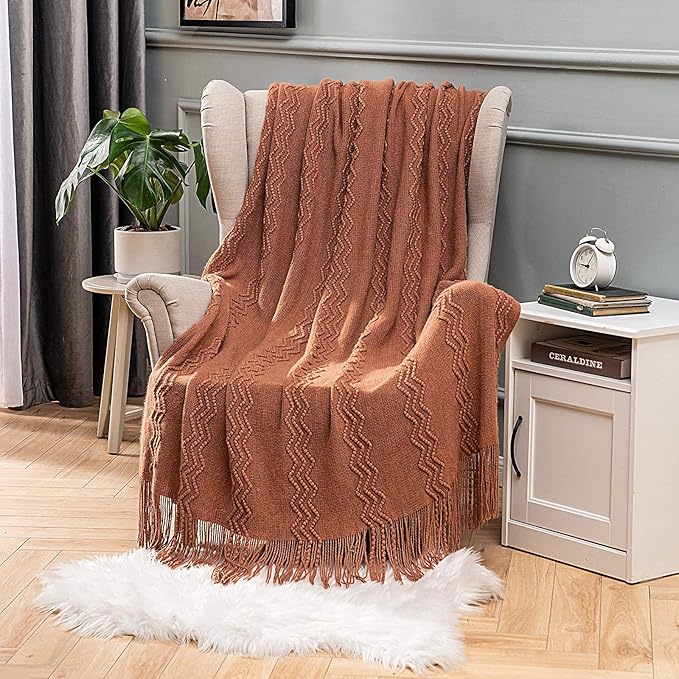 MIULEE Knitted Boho Throw Blanket for Couch Textured Knit Terracotta Rust Blanket with Tassels Cozy Woven Farmhouse Blanket for Sofa Bed Chair Wave Pattern Fall Decor 50"x60", Orange