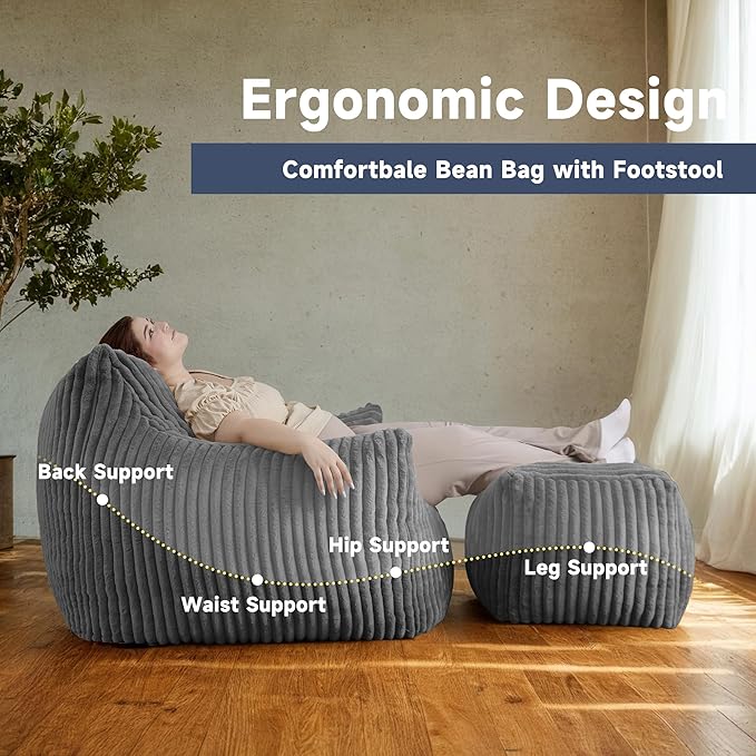 Giant Bean Bag Chairs for Adults, Oversized Chaise Lounge Chair Indoor with Memory Foam - Plush Boneless Lounger & Ottoman for Bedroom, Living Room, Gaming & Reading, Lazy Floor Sofa Chair, Gray