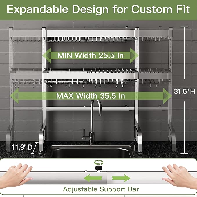 3 Tier Extra Large Stainless Steel Expandable Over The Sink Dish Drainer Drying Rack, Rust Proof Metal, Space Saving, Modern Silver Big Capacity Extendable Plate Strainers Above Kitchen Counter