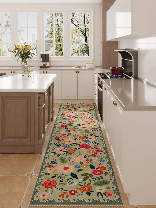 Runners for Hallways Kitchen Runner Rug Non Slip 2'x 10' Long Washable Rugs with Rubber Backing Soft Floral Carpet Runner for Hallways, Kitchen, Laundry, Bedroom, Bathroom(Green)