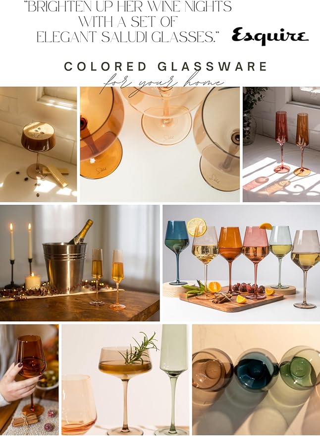 Saludi Colored Wine Glasses, 16.5oz (Set of 6) Stemmed Multi-Color Glass - Great for all Wine Types and Occasions - Luxury, Durable, Hand-Blown