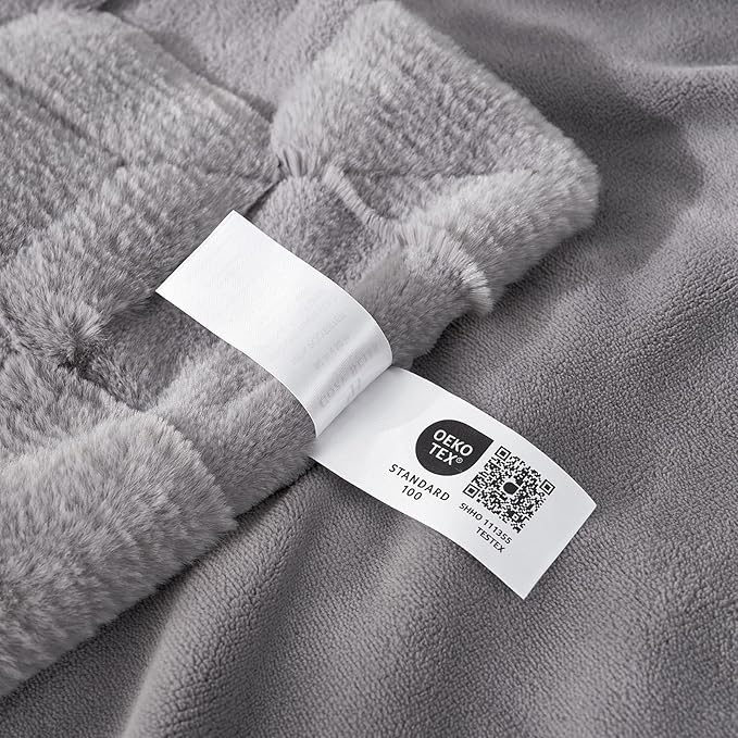 Cozy Bliss Checkered White Faux Rabbit Fur Throw Blanket, Soft Fuzzy Fluffy Minky Cream Furry Blankets for Couch, Bed (Grey, Queen(90" x 90"))