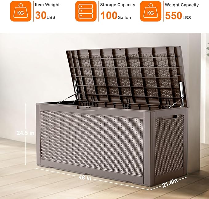 100 Gallon Resin Deck Box, Lockable Patio Outdoor Storage Box for Furniture, Garden Tools and Tools Storage, Waterproof Outside Storage Boxes - Grey