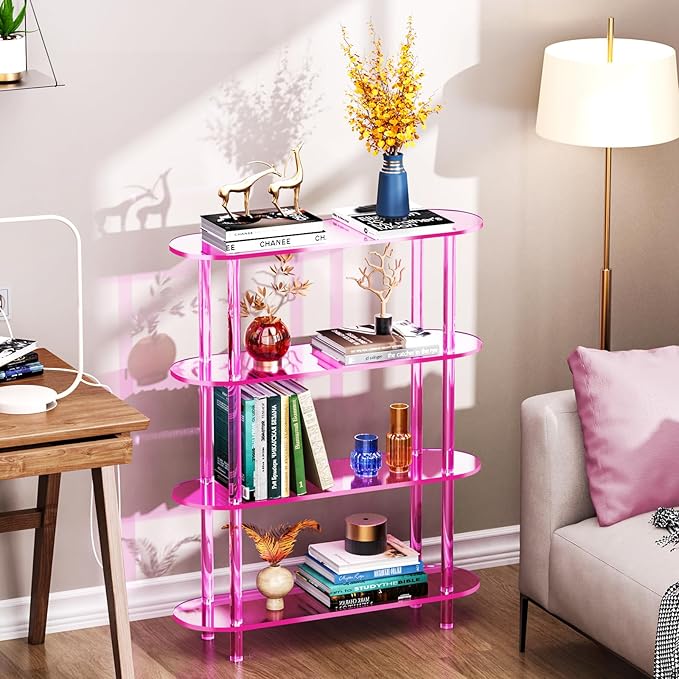 Clear Bookshelf, Acrylic Bookcase with Open Book Shelf Console Table for Entryway Office (4 Tier Pink)