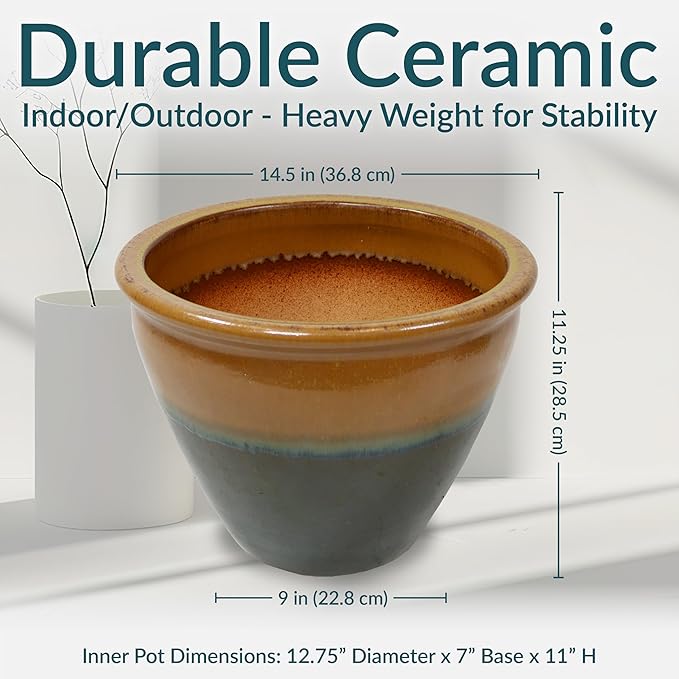 Sunnydaze Chalet Large Ceramic Plant Pot - Round Outdoor Glazed Ceramic Planter Pot with Drainage - Forest Lake Green - 14.5"