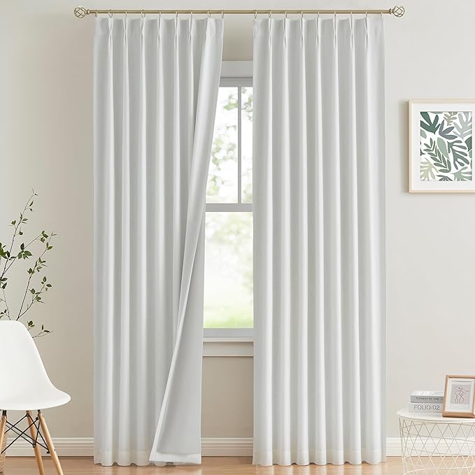 Vision Home White Pinch Pleated Full Blackout Curtains Thermal Insulated Window Curtains 108 inch for Living Room Bedroom Room Darkening Pinch Pleat Drapes with Hooks Back Tab 2 Panel 40" Wx108 L