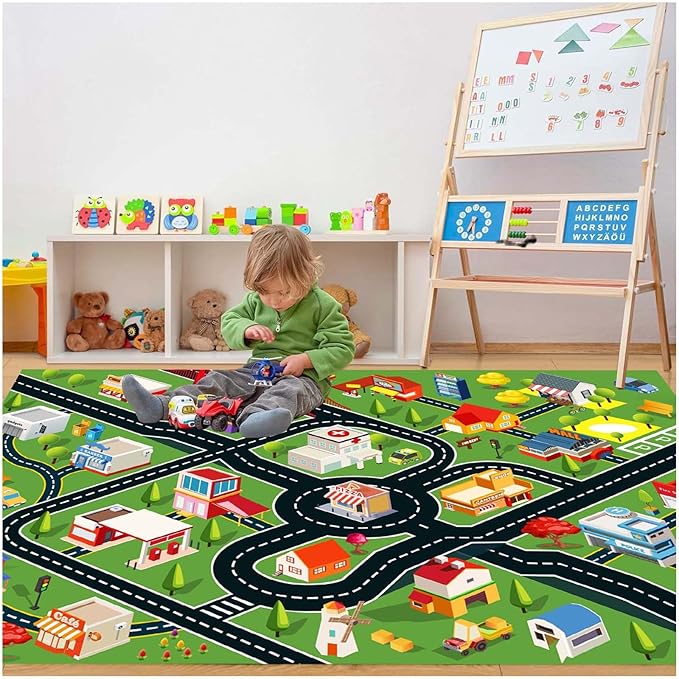 Kids Rug Car Rugs for Kids Toy Cars Play Mat with Rubber Backing City Life Road Rug for Cars Fun City Map for Carpet for Bedroom Boys (RED-Rug, 2.6x3.9ft)