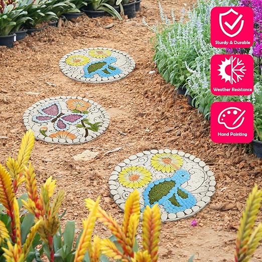 Garden Stepping Stones Set of 2 Butterfly Outdoor Garden Decor 10 inch Round Decorative Stones Pavers for Garden Walkway Landscaping, Hummingbird Gifts (N6-YYD334)