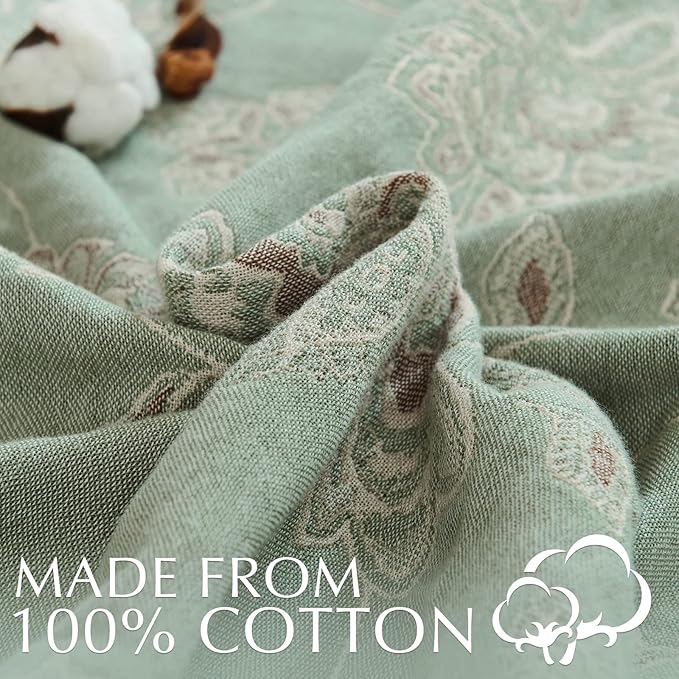 jinchan Boho 100% Cotton Muslin Twin Size 60x80 Inches Blanket Lightweight 4-Layer Quilted Soft Green and Beige Floral Throw Blanket Reversible Comfy Flower Breathable All Seasons Couch Bedroom Decor