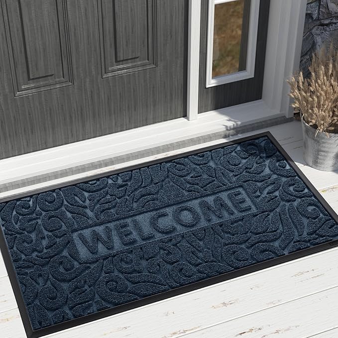 Yimobra Welcome Front Door Mat Outdoor, Heavy Duty Sturdy Non Slip Doormats, Rubber Backing, Low-Profile Entrance Rugs, Absorbent Resist Dirt, Easy Clean Patio Garage Floor Mats, 47X24 Inch, Blue