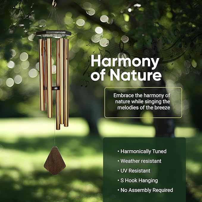 Nature’s Melody Premiere Grande Tunes Wind Chimes – Outdoor Windchime with 6 Tubes Tuned to E Pentatonic Scale, Rustproof Aluminum, Beech Wood & S Hook Hanger for Sympathy, Memorial Gift or Zen Garden