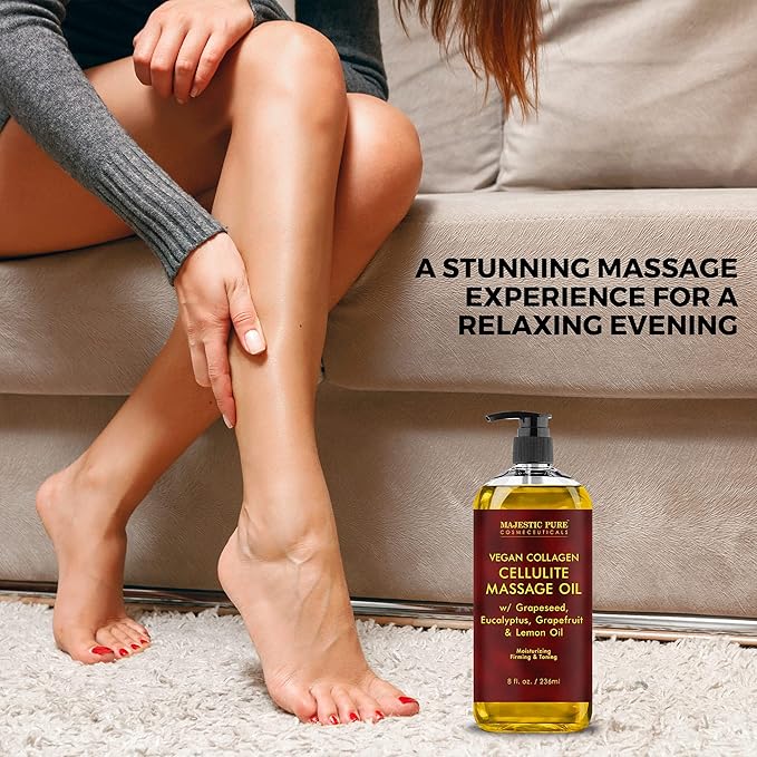 MAJESTIC PURE Cellulite Massage Oil for Massage Therapy - Refreshing, and Relaxing - Natural Oils with with Vegan Collagen & Stem Cells - for All Skin Types - Men and Women - 8 fl oz