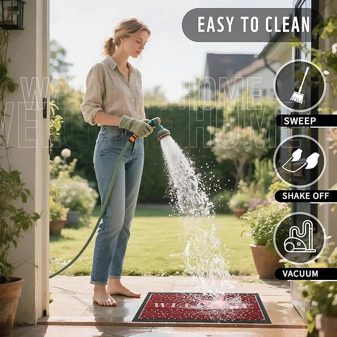Yimobra Welcome Mat Outdoor Indoor, All-Season Waterproof Front Door Mat Outside Entrance, All-Weather Heavy Duty Non-Slip Doormat, Low Profile Porch Patio Entrance Mats, 47x24, Red