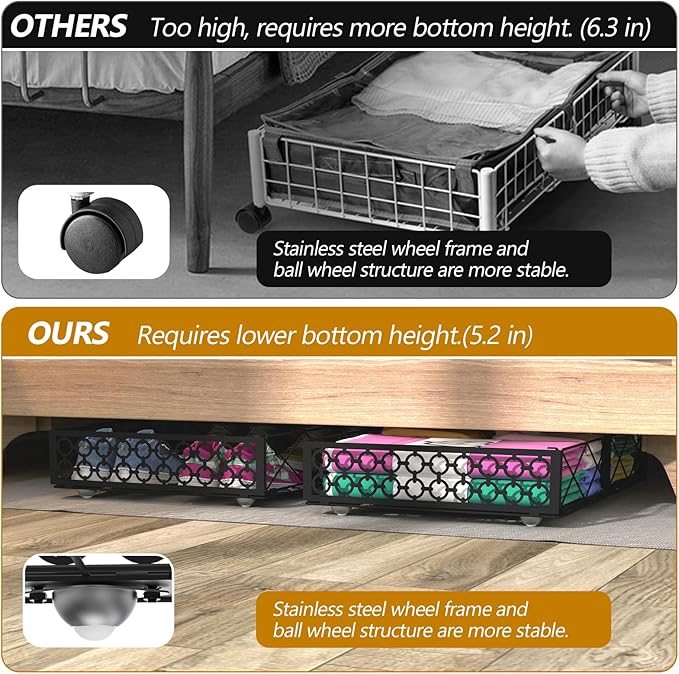 NADAMOO Large Under Bed Storage with Wheels, Low Profile Rolling Under Bed Storage Containers，Foldable Metal Under the Bed Organizer Bins for Bedroom，2 Packs