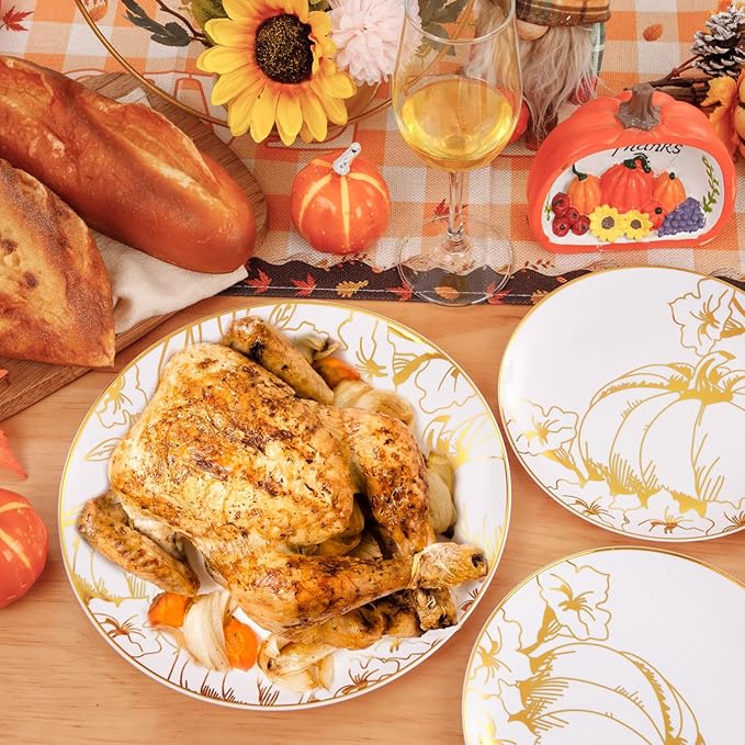 FLOWERCAT 60PCS Thanksgiving Plates & Gold Pumpkin Plates - Including 30PCS 10.25inch Thanksgiving Dinner Plates and 30PCS 7.5inch Thanksgiving Dessert Plates for Giving Thanks Theme Party