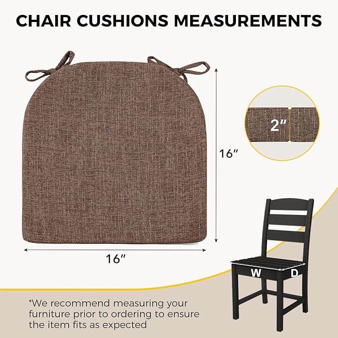 downluxe Indoor Chair Cushions for Dining Chairs, Soft and Comfortable Textured Foam Kitchen Chair Pads with Ties and Non-Slip Backing, 16" x 16" x 2", Brown, 4 Pack