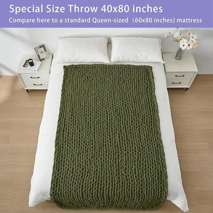 Bigacogo Chunky Knit Throw Blanket for Couch, 40x80 inches, 100% Hand Knitted with Thick Jumbo Chenille Yarn, Cozy Soft Large Rope Knot Cable Crochet Blankets for Sofa Bed Living Room, Yellow Green