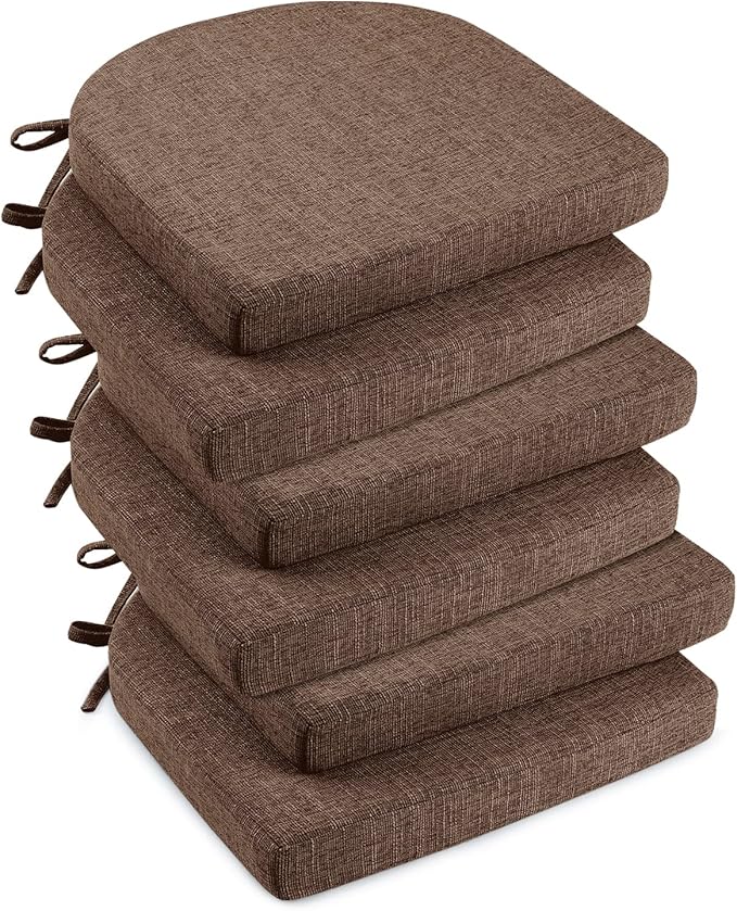downluxe Indoor Chair Cushions for Dining Chairs, Soft and Comfortable Textured Foam Kitchen Chair Pads with Ties and Non-Slip Backing, 16" x 16" x 2", Brown, 6 Pack