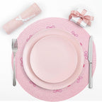 Whaline 4Pcs Round Placemats Pink Bow Embroidered Place Mats Coquette Bow Dinner Table Mats for Home Wedding Baby Shower Birthday Party Decor