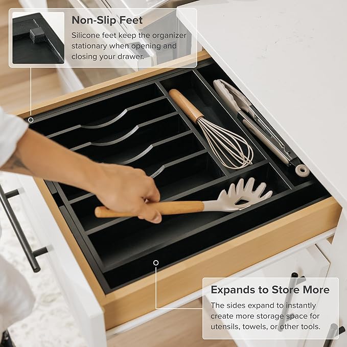 Premium Silverware, Flatware and Utensil Organizer for Kitchen Drawers, Food-Safe Contract Grade, Expandable from 14.5 to 25 In, Black Bamboo