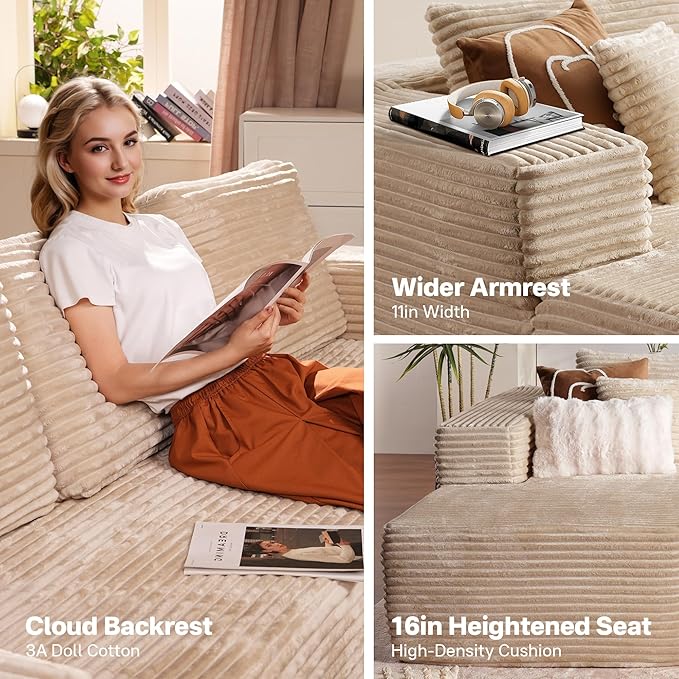104" Cloud Sectional Couches for Living Room,L Shaped Boneless Couch in A Box,Sleeper Sofa with Comfy Chaise No Assembly Required,Beige