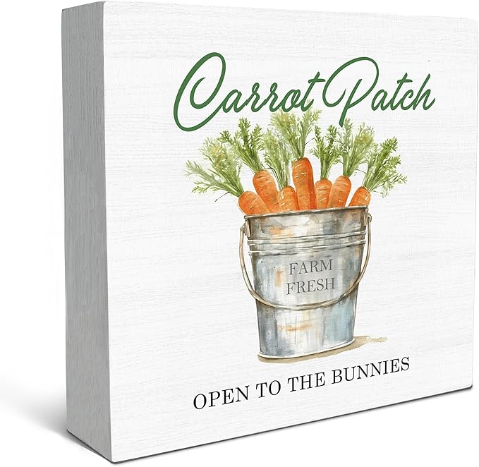 SRADMO Easter Sign, Carrot Patch Easter Wood Box Sign Desk Decor, Easter Carrot Decorations, Farmhouse Easter Theme Wooden Block Box Sign Decoration for Home Office Shelf Table Decor