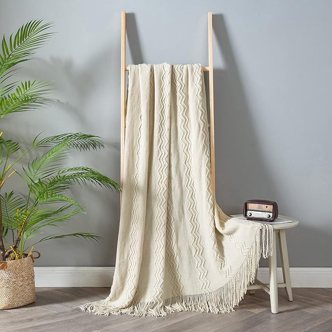 MIULEE Knitted Beige Throw Blanket Soft Sofa Knit Blanket for Couch 50 x 60 Inches, Solid Cozy Lightweight Wave Pattern Decorative Blankets with Tassels for Women, Kids and Babys