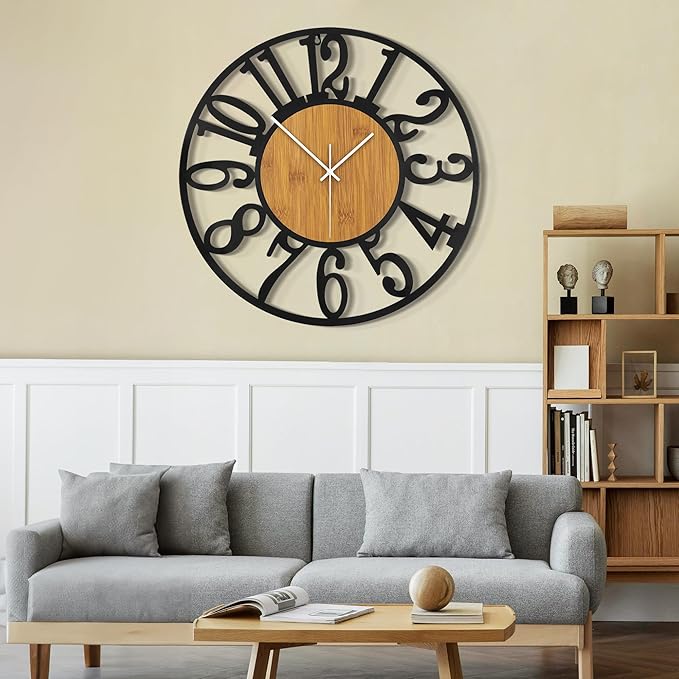 LEIKE 30" Oversized Large Wall Clocks,Silent,Non Ticking,Battery Operated Modern Round Big Wood Decorative Metal Wall Clock for Living Room, Bedroom,Kitchen,Farmhouse,Office Decor - Black,30 Inch