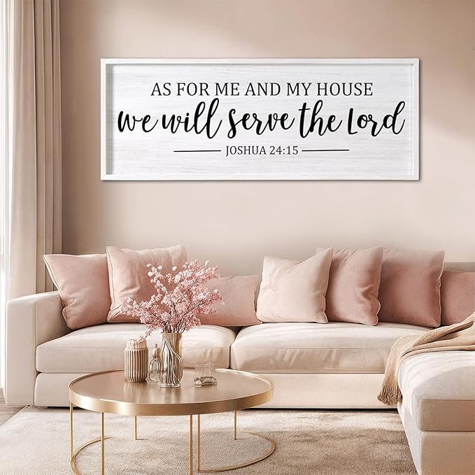 As For Me And My House We Will Serve The Lord Framed Wall Art, 40''×15'' Positive Religious Bible Verse for Christian God Jesus Christ Prayer, Vintage Rustic Long Holy Catholic Scripture Decor