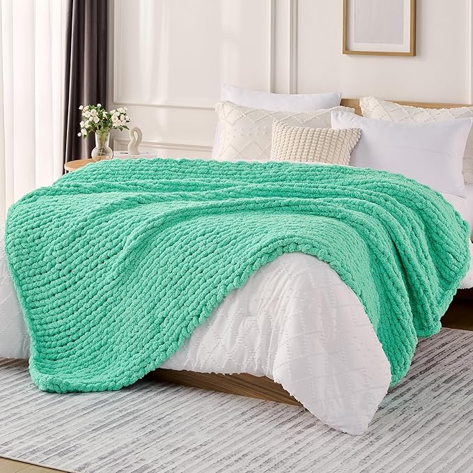 L'AGRATY Chunky Knit Blanket Throw: 50''x60'' Chenille Chunky Knitted Throw Blanket for Bed Couch - Handmade Thick Big Cable Knit Blanket - Large Crochet Rope Blanket for Home Decor(Aqua)