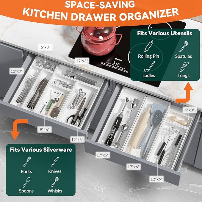 Bamboo Drawer Organizer, Extra Large Silverware Organizer for Kitchen Drawer, Stackable Utensil Organizer, 2 Pcs Toilet Tank Topper Tray, Wooden Toilet Paper Basket (White, 17 X 6 X 2 Inch)