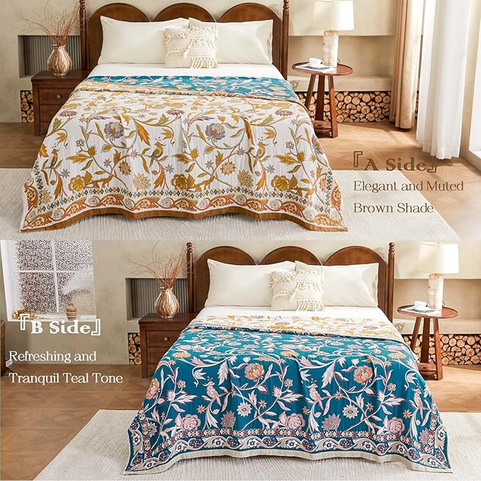 Fall Throw Blanket for Couch, Brown Boho Decorative Throw Blanket, 100% Cotton Muslin Breathable Woven Farmhouse Blankets Quilt, 60"x80" Reversible Lightweight Blankets Bohemian Throw Quilt