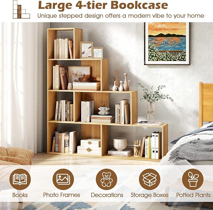 Tangkula 4-Tier Stepped Bookshelf, Freestanding 6 Cubes Ladder Bookcase with Anti-Tipping Kits, 64" Tall Modern Wooden Storage Display Rack for Home Office Living Room Study (1, Natural)