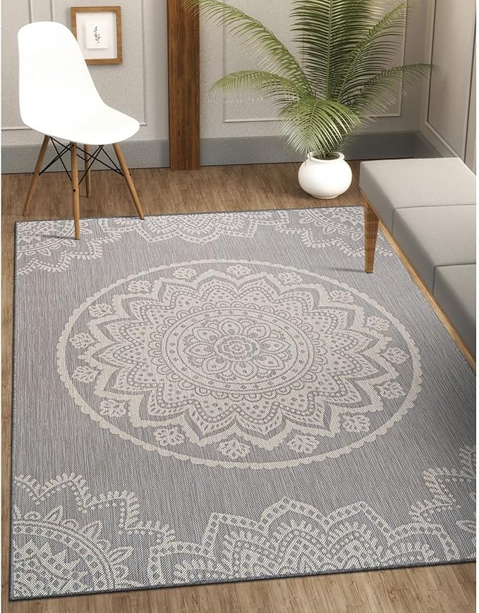 CAMILSON Outdoor Rug 9x12 Modern Area Rugs for Large Indoor and Outdoor Patios and Porches - Waterproof Washable Non-Shedding Easy-to-Clean Outside Carpet (9 x 12, Medallion - Grey/White)