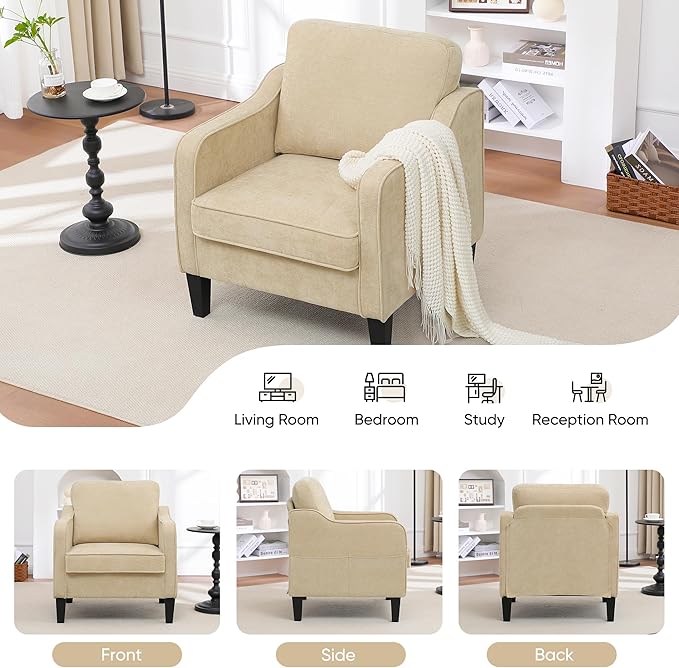 Accent Chairs Set of 2, Upholstered Living Room Chair with Side Pockets, Mid Century Modern Reading Chair for Bedroom, Comfy Armchair Single Sofa Side Chair for Office, Small Room, Light Brown