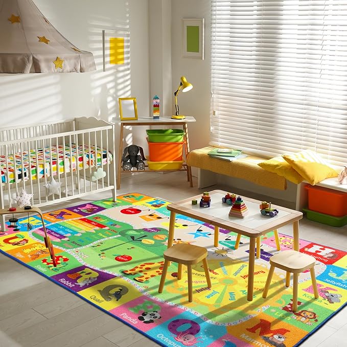7x10 Playroom Rugs for Kids Washable, Educational and Fun Playmat with ABC Alphabet Animals Shapes Colors, Non-Slip Play Mat Learning Rugs for Baby Toddler Children Game Activity