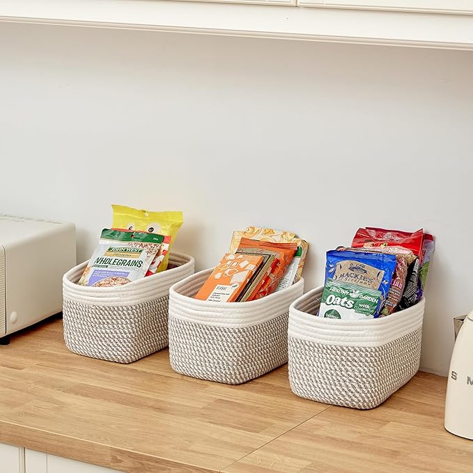 Small Cotton Rope Storage Basket Set of 3-11"x7"x7" Perfect Woven Baskets for Storage, Ideal Storage Baskets for Organizing Toys, Towels, and More - Baskets for Shelves（White & Mixed Grey）