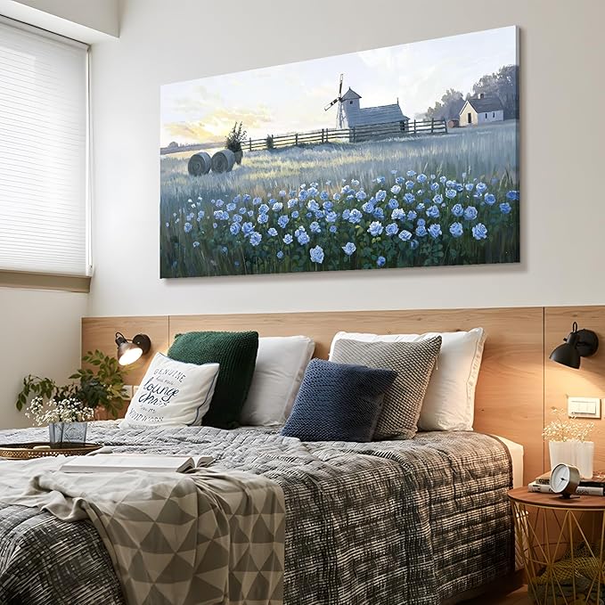 amatop Oversized Farmhouse Wall Art – Botanical Picture Flower Blue Rose & Windmill Countryside Scene Canvas Print, Large Floral Landscape Artwork Decor for Living Room Dining Room Hallway 58x29 Inch