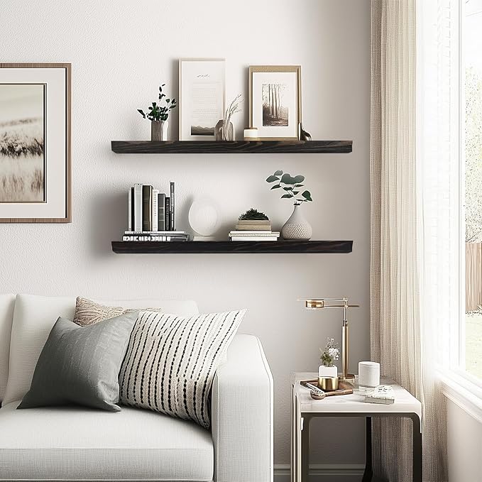 24"x6.8"x1.2" Solid Wood Floating Shelves 2-Pack - Rustic Black Finish with Hidden Brackets, Perfect for Storage and Décor in Living Room, Kitchen, Bedroom